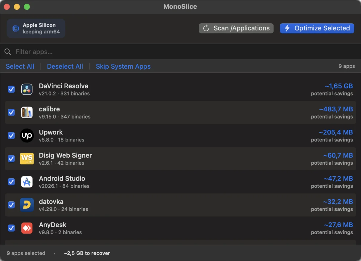 A list of apps with Universal binaries and the potential savings of each, about 2.5 GB in total