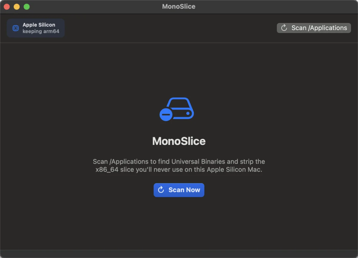 The MonoSlice window on an Apple Silicon Mac, keeping arm64, with a Scan Now button