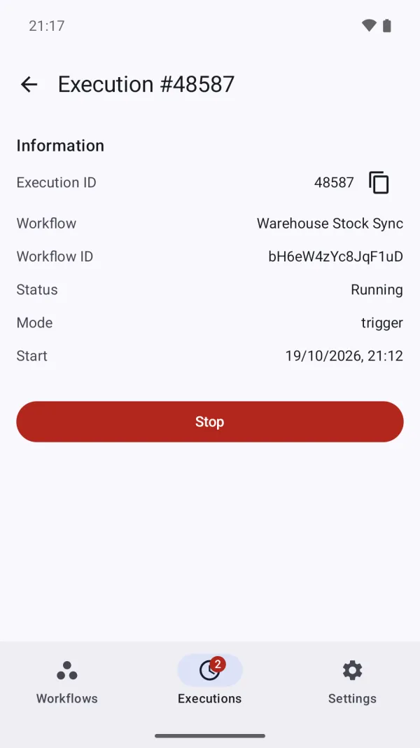 A running execution with a Stop button on Android