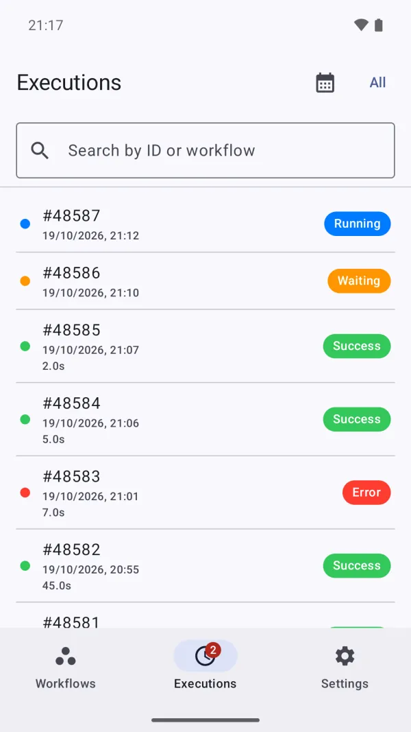 Executions with their status on Android