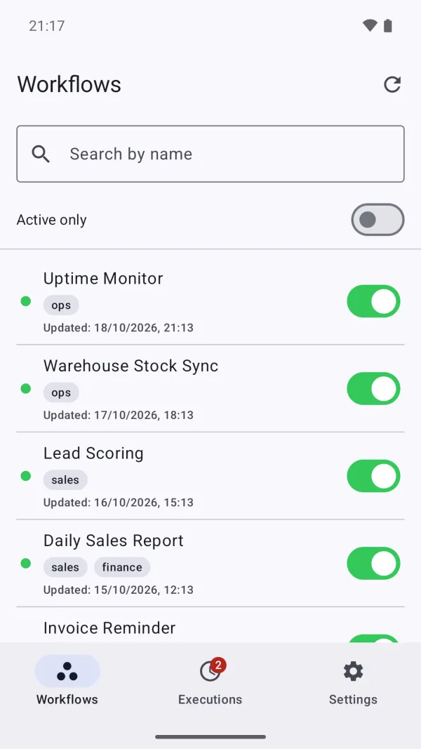 Workflows with tags and on/off switches on Android