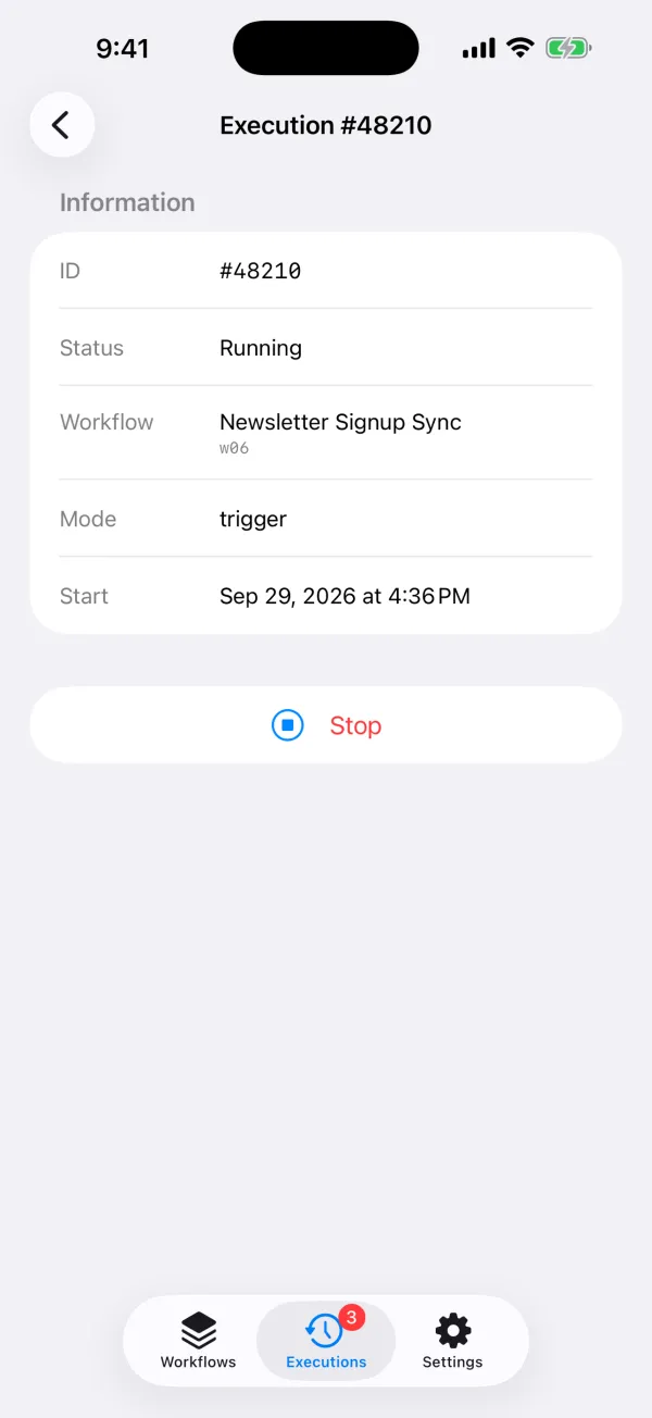 A running execution with a Stop button