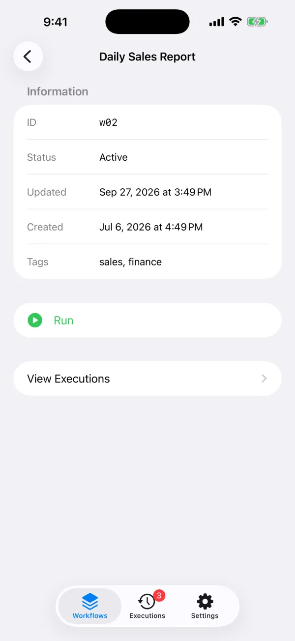 Workflow details with Run and View Executions