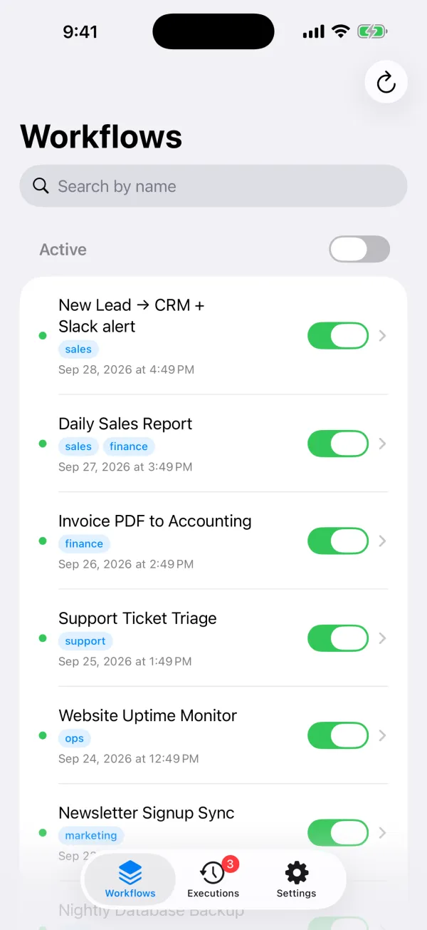 Workflows with tags, search and on/off switches
