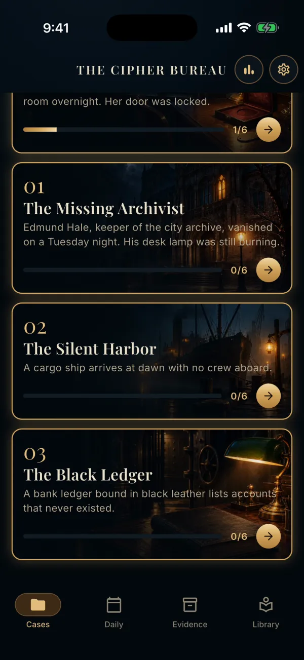 More case files: The Missing Archivist, The Silent Harbor, The Black Ledger