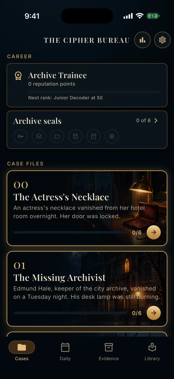 Case files: the player’s rank, archive seals and the list of cases