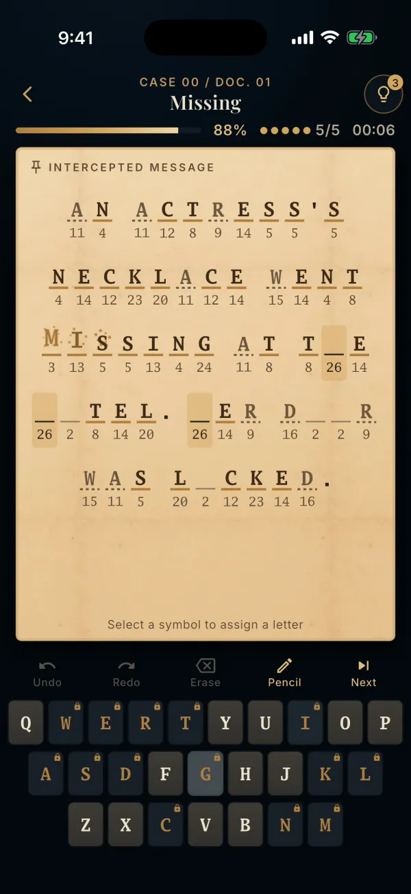 Deciphering a document letter by letter with the cipher keyboard